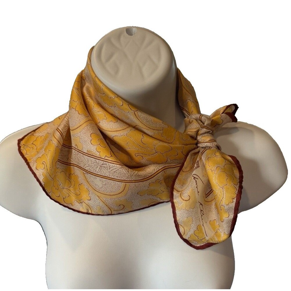 Anne Klein Silk Scarf White Yellow & Burgundy 20 x 20" Vintage EUC Soft & Flowy